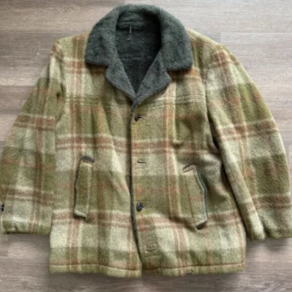 Vintage 60s 70s Wool Lumberjack Coat Jacket Sherpa Lined Men's Sz L Green Plaid - Picture 1 of 5